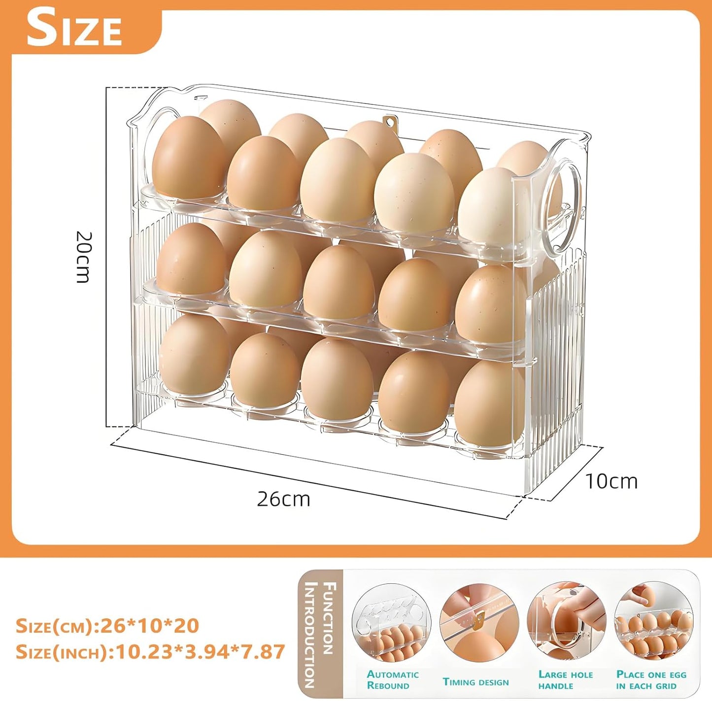 Egg Holder for Fridge, Holds 30 Eggs, 3-Tier Stackable Egg Organizer for Refrigerator with Date Tracker & One-Hand Access, Bpa-Free PET Egg Storage Container for Countertop or Fridge, Clear