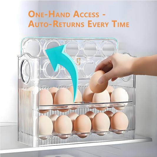 Egg Holder for Fridge, Holds 30 Eggs, 3-Tier Stackable Egg Organizer for Refrigerator with Date Tracker & One-Hand Access, Bpa-Free PET Egg Storage Container for Countertop or Fridge, Clear