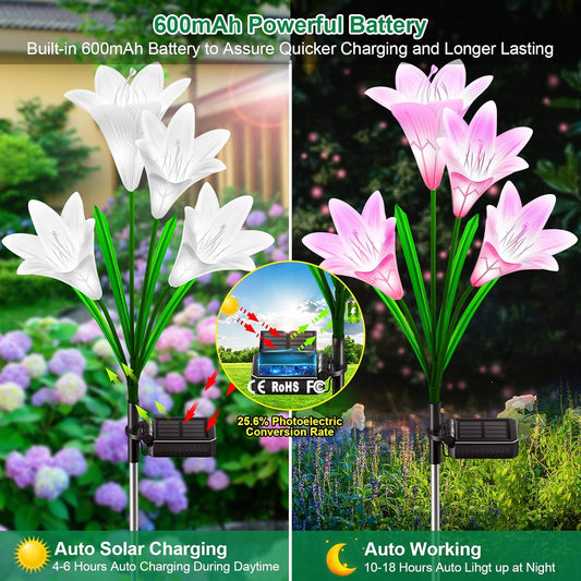 Solar Outdoor Lights Garden Decor, 6 Pack Upgraded Solar LED Flower Lights with 24 Bigger Lily Flower Lamp, 7 Color Changing Waterproof Solar Powered Flowers for Garden Yard Decor, Gift