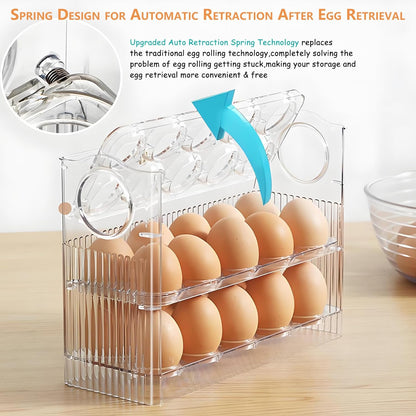 Egg Holder for Fridge, Holds 30 Eggs, 3-Tier Stackable Egg Organizer for Refrigerator with Date Tracker & One-Hand Access, Bpa-Free PET Egg Storage Container for Countertop or Fridge, Clear