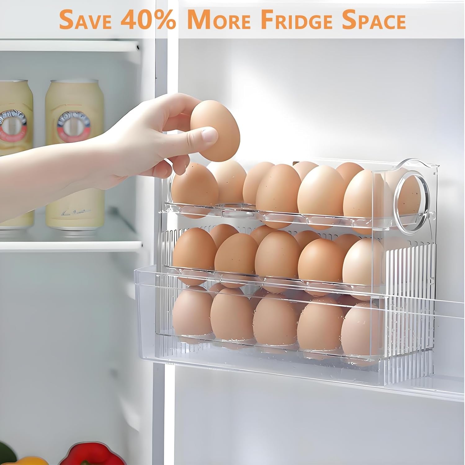 Egg Holder for Fridge, Holds 30 Eggs, 3-Tier Stackable Egg Organizer for Refrigerator with Date Tracker & One-Hand Access, Bpa-Free PET Egg Storage Container for Countertop or Fridge, Clear
