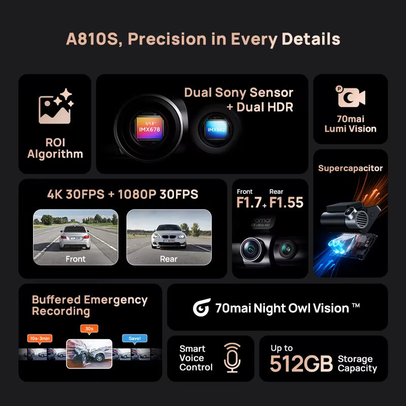 Dash Cam 4K A810S HDR IMX678 Supercapacitor 4G LTE Remote Control Wi-Fi 6 Voice Control GPS ADAS Car Camera  A810S