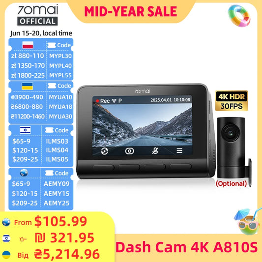 Dash Cam 4K A810S HDR IMX678 Supercapacitor 4G LTE Remote Control Wi-Fi 6 Voice Control GPS ADAS Car Camera  A810S