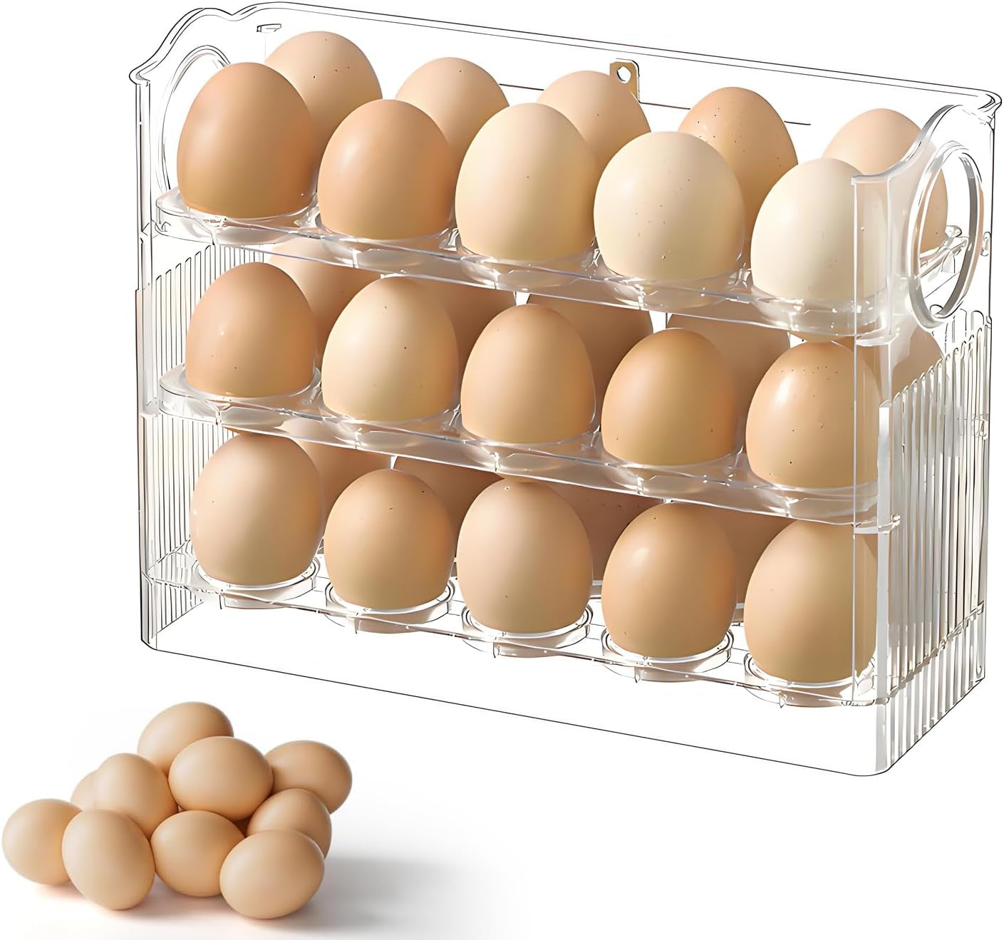 Egg Holder for Fridge, Holds 30 Eggs, 3-Tier Stackable Egg Organizer for Refrigerator with Date Tracker & One-Hand Access, Bpa-Free PET Egg Storage Container for Countertop or Fridge, Clear