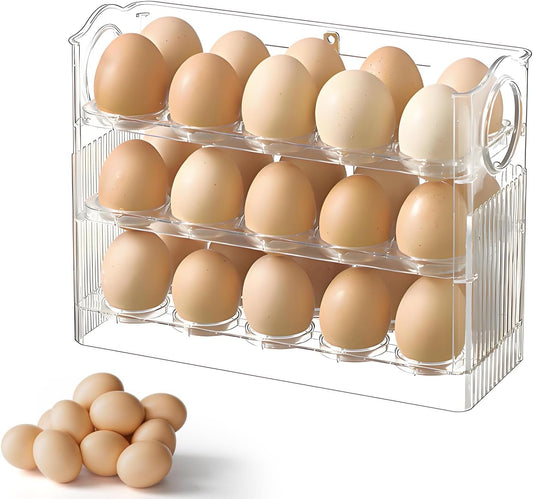 Egg Holder for Fridge, Holds 30 Eggs, 3-Tier Stackable Egg Organizer for Refrigerator with Date Tracker & One-Hand Access, Bpa-Free PET Egg Storage Container for Countertop or Fridge, Clear