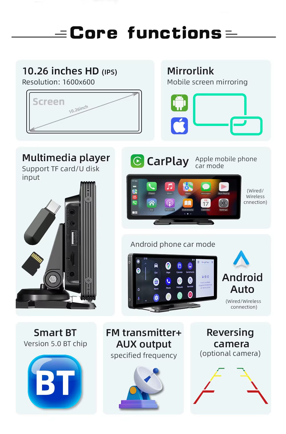 10.26 Inch Portable MP5 Multimedia Video Player Android Auto Wireless Carplay Screen HD Rear Reversing Camera Car Radio